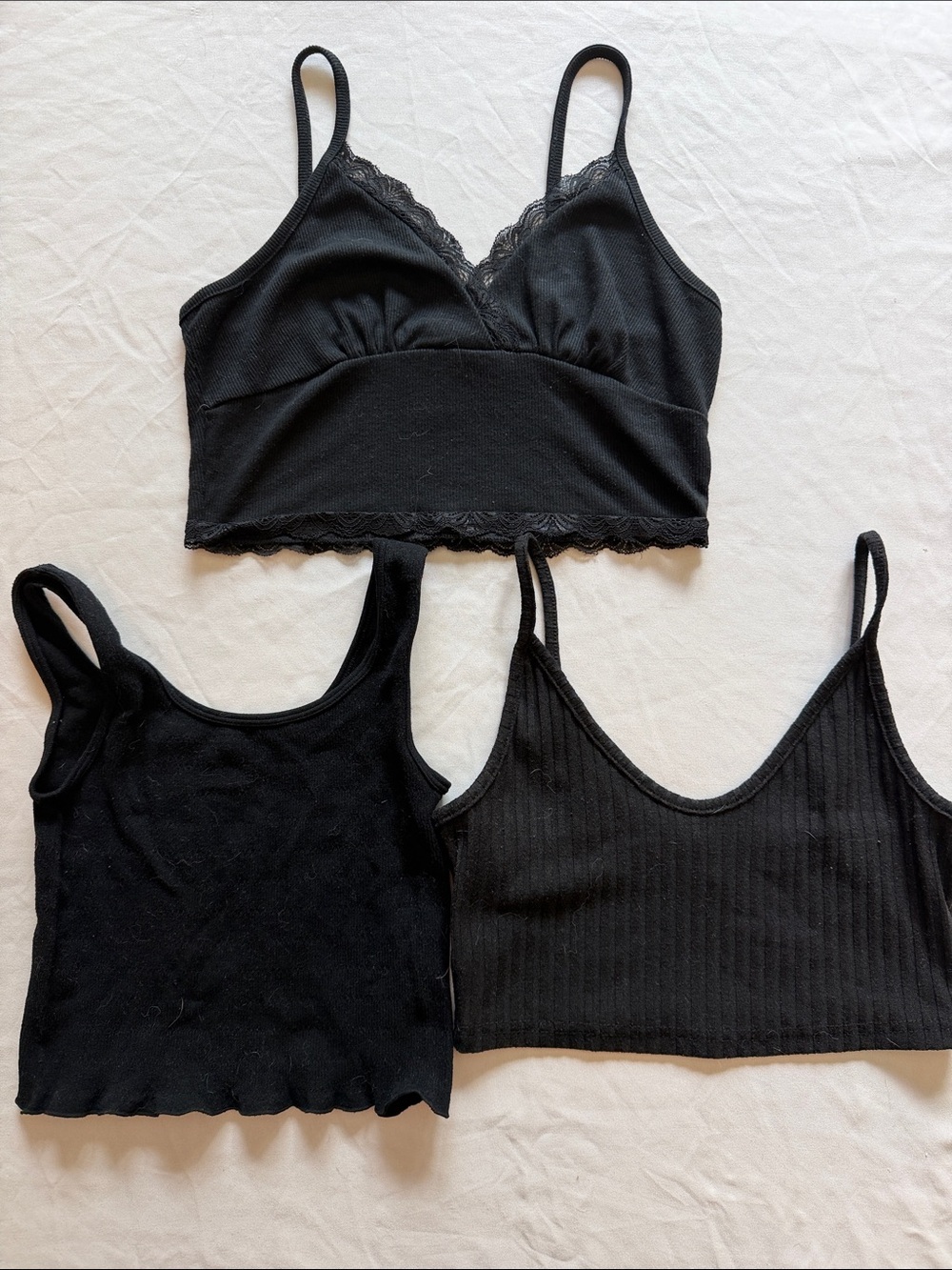 SHEIN Black Lace-Trim Bralette & Black Crop Tanks Set-3